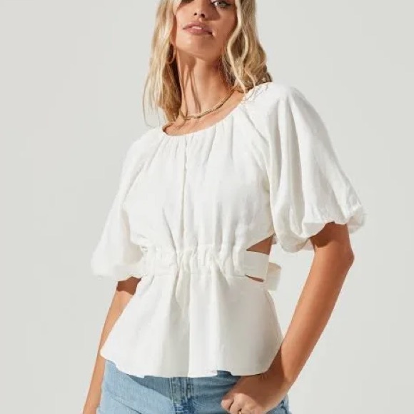 ASTR the LABEL Women’s Vendetti Cutout Puff Sleeve Ivory Linen Top Size Large - Picture 2 of 8
